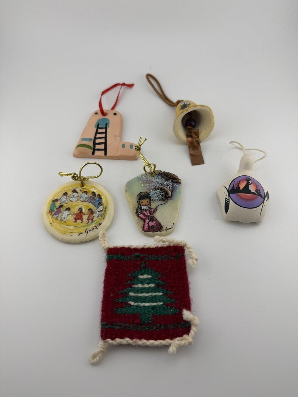 Native American Ornaments Set of 6- 2 DeGrazia, Bell,Turtle, Navajo Rug, Pueblo